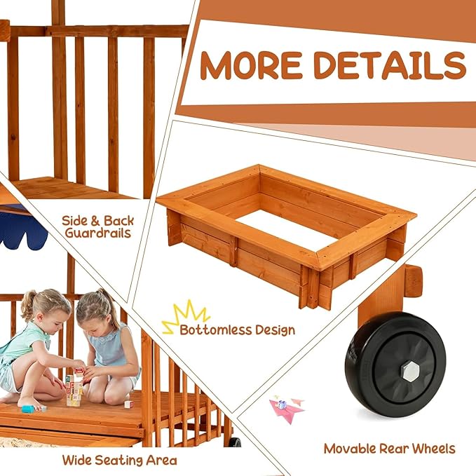 Costzon Kids Retractable Sandbox with Canopy, Wooden Cedar Cabana Playhouse w/Large Play Area, Rear Wheels and Guardrails for Backyard Garden Lawn Beach, Sandbox with Lid for Children Outdoor Play