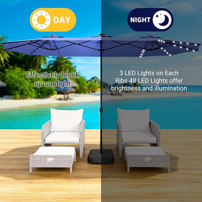 CHABATREE 15FT Rectangle Patio Umbrella with Base & Solar LED Lights - Double-Sided