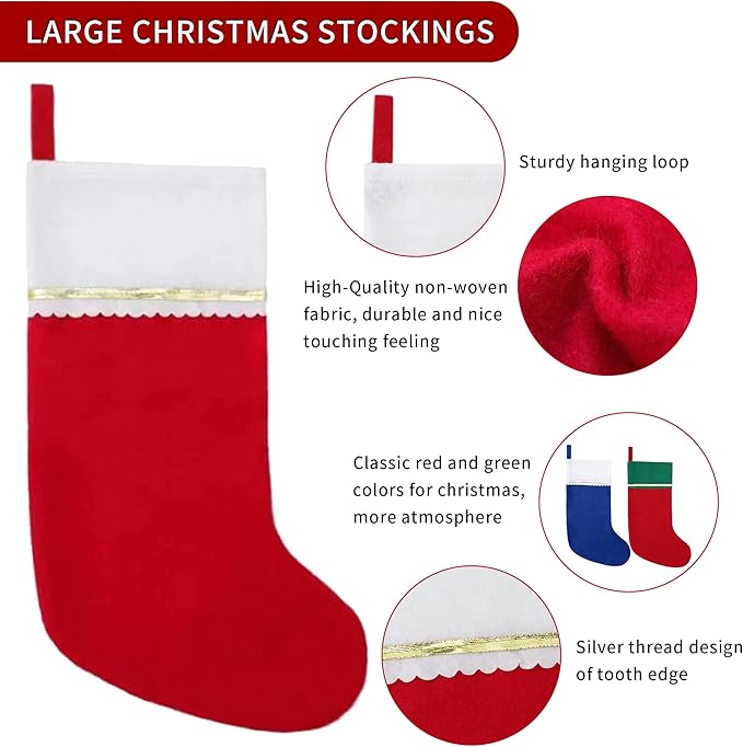12 Pack Felt Christmas Stockings, 19 Inches White and Red Christmas Stockings, White Cuff with Gold Trim Christmas Stockings for Family Christmas Holiday Decorations