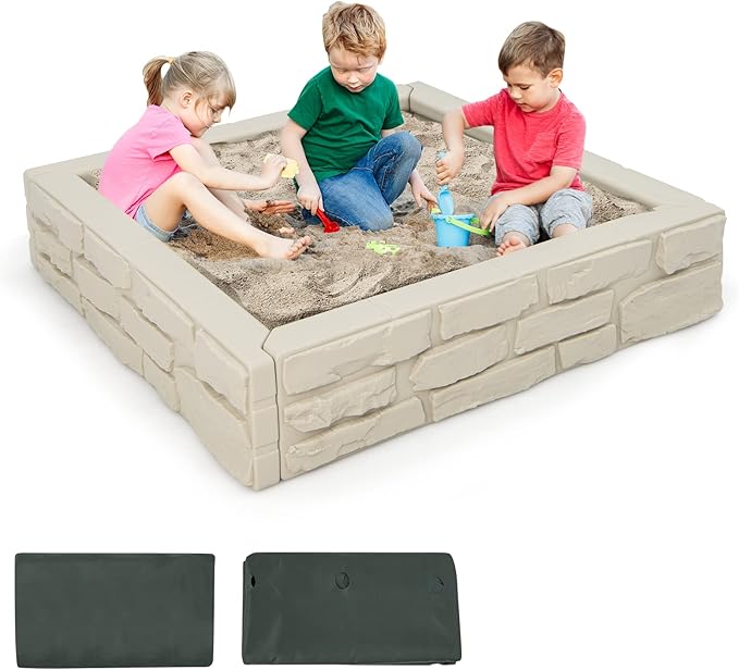 Costzon Kids Sandbox with Cover, 47x 47 HDPE Sand Box w/Oxford Cover, Bottom Liner, Reinforced Structure, Weather Resistant Outdoor Sand Pit for Backyard Lawn Garden Beach (Oxide White)