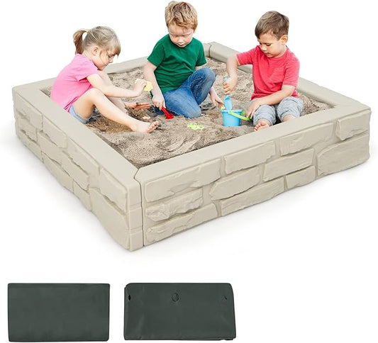 Costzon Kids Sandbox with Cover, 47x 47 HDPE Sand Box w/Oxford Cover, Bottom Liner, Reinforced Structure, Weather Resistant Outdoor Sand Pit for Backyard Lawn Garden Beach (Oxide White)