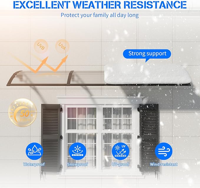 Awning for Door Entrance,32x48 Inches Window Awnings for Doors Canopy Polycarbonate Cover Patio Door Awning UV Rain Snow Sunlight Protection Hollow Shee