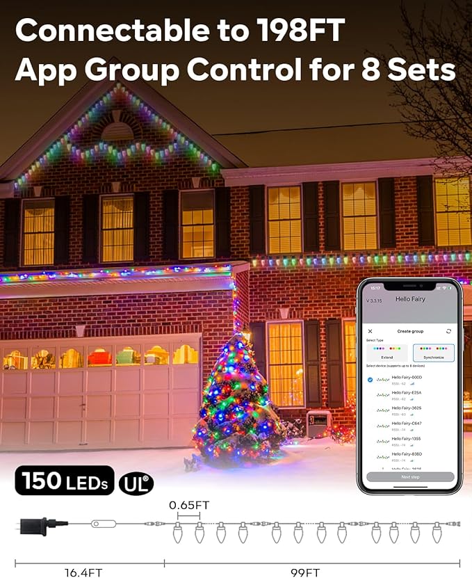 Smart C9 Christmas Lights Outdoor DIY Color Changing - 99FT 150LED APP & Remote Controlled, 16 Million Custom Colors, Music Sync Group Control for Multiple Trees, Roof Yard Party Holiday Lighting