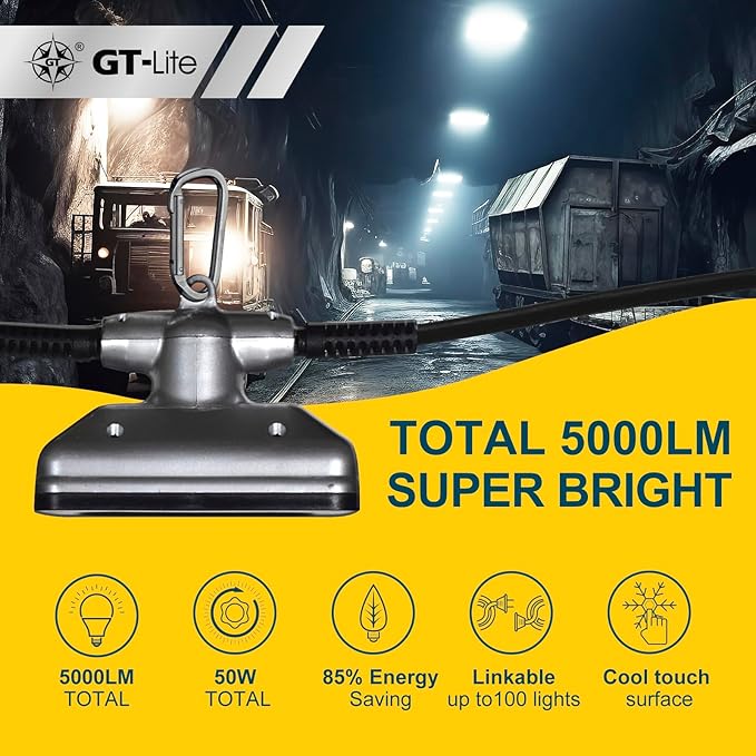 GT-Lite 50FT LED Work Light 50W 5000 Lumen Damp Rated Construction String Lights Linkable for Jobsite Lighting, 5000k Daylight White, ETL Listed (5 Light Heads)