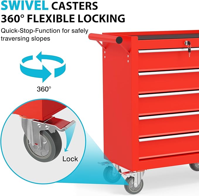 5 Drawers Rolling Tool Chest, Portable Storage Tool Box with Wheels, Tool Chest with Lock for Warehouse, Garage, Repair Shop and Tool Room (Red)