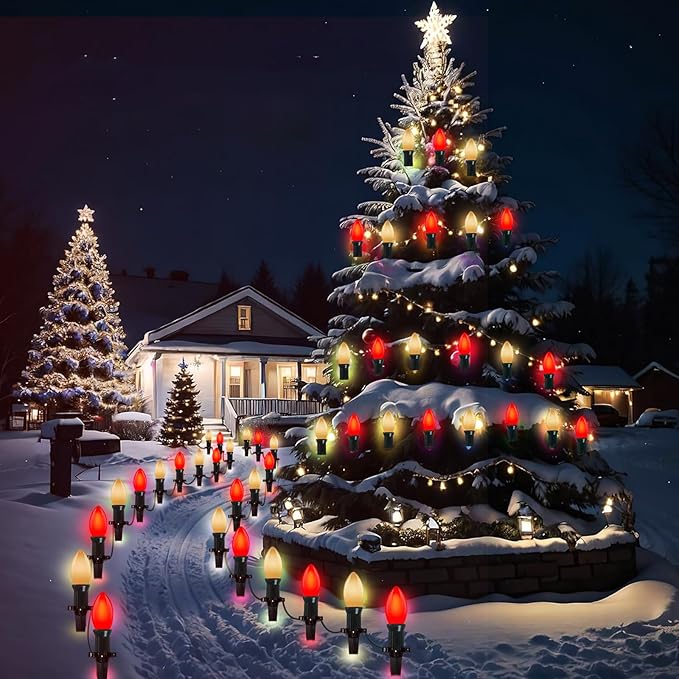 C9 Red and White Christmas Lights Outdoor, 25FT Vintage Christmas String Lights Waterproof with 26 C9 Ceramic Large Bulb Christmas Light UL Listed for Roofline Holiday Party Backyard Patio Decorations
