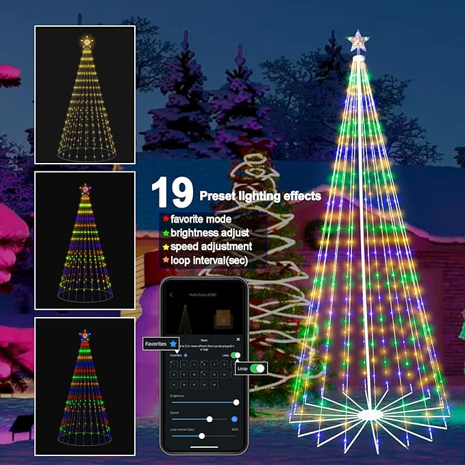 8FT 372LEDS Outdoor Christmas Tree Lights, Smart Cone Tall Pop Up with Star, Timer, Waterproof, APP & Remote, Music Sync, Multicolor/WarmWhite, Outside Xmas Yard Porch Decor