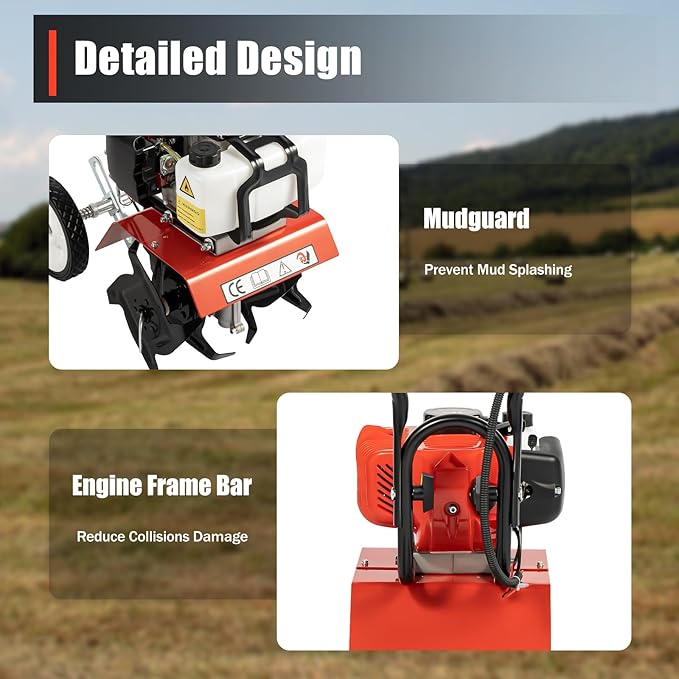 52CC 2-Stroke Gas Powered Tiller Cultivator 1700W Heavy-Duty Single Cylinder Motor, Gasoline Powered Garden Tiller, Garden Cultivator for Cultivation, Trenching, Soil Tillage, Loosening
