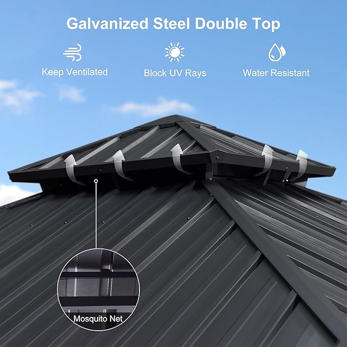 PURPLE LEAF 12' X 12' Permanent Hardtop Gazebo Outdoor Aluminum Gazebo with Galvanized Steel Double Roof for Patio Lawn Garden Aluminum with Netting and Curtains Grey