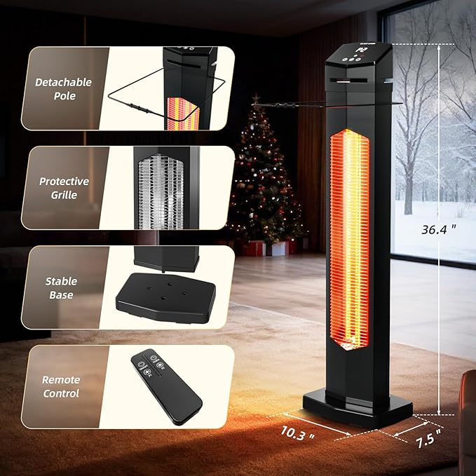 Outdoor Electric Patio Heater, 1500W 36in Infrared Tower Heater with 2 Heat Settings, 12-Hour Timer, IPX5 Waterproof, Tip-Over & Overheat Protection for Garage, Home, and Covered Spaces with Remote