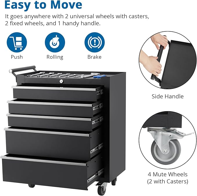 Rolling Tool Chest with Wheels - Heavy Duty 5 Drawer Tool Cart with Keyed Lockable, Side Handle, Protective Liner, Mobile Metal Storage Organizer Cabinets for Garage, Warehouse, Repair Shop