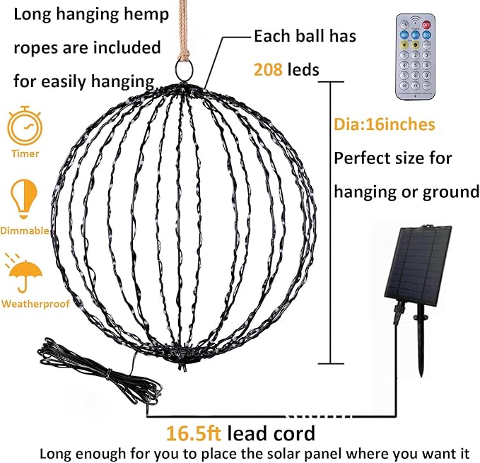 Outdoor Hanging Lighted Sphere Solar, Christmas Decoration Light Balls, 2 in 1 Warm White and Multicolor Chandelier, 208 LED 16" Large Iron Frame Foldable Globe for Patio Tree Gazebo Decor (2PK Solar)