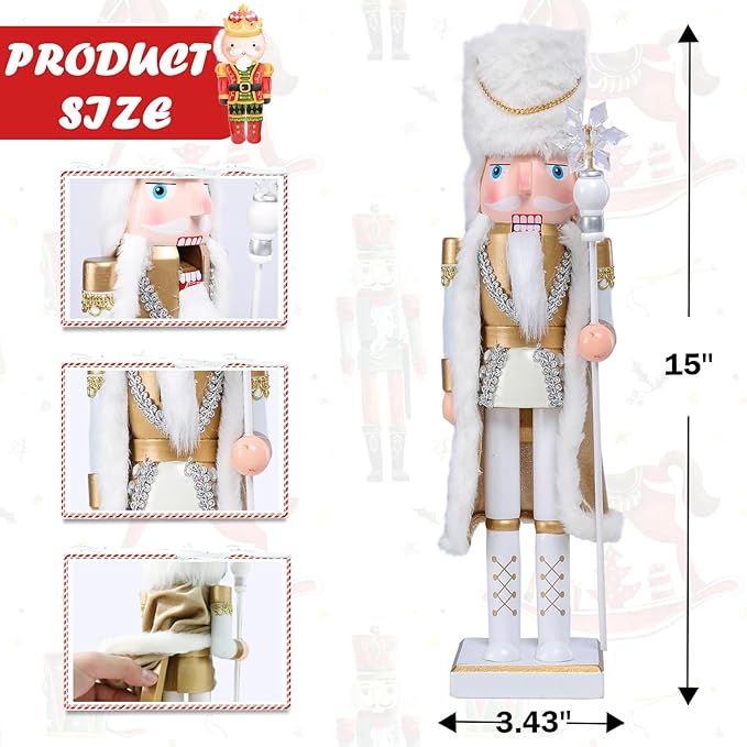 Christmas Nutcracker Decorations Nutcracker Figure 15 Inch Wooden Nutcrackers Collectible Ornament Nutcracker Soldier for Table Desktop Home Christmas Decor Xmas Indoor Decor White King