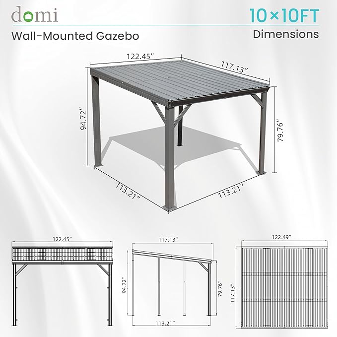 Domi 10' x 10' Lean to Gazebo, Wall Mounted Gazebos Pergola with Built in Drainage System, Galvanized Steel Roof, Hardtop Patio Shelter for Deck, Porch, Backyard and More