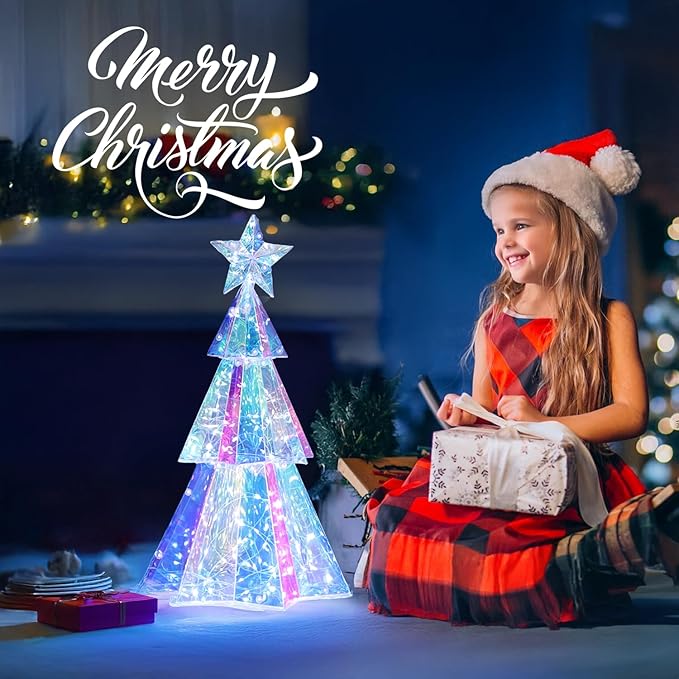 Holographic Christmas Tree, 15 Inch Desktop Decoration Tree with LED Lights, Prismatic Iridescent Christmas Tree Gift for Kids Girls Families Office Indoor Decorations