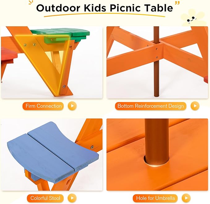 Kids Picnic Table & Stool Set, Outdoor Wood Round Table & 4 Bench, Toddler Picnic Table Set w/Height Adjustable Umbrella, Children Activity Table w/Cup Holders for Patio, Garden, Backyard