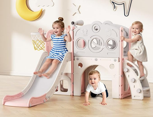 Babytronic Toddler Slide, 8 in 1 Kids Slide with Basketball Hoop, Telescope and Climber, Baby Slide Toddler Playground, Indoor Outdoor Playset for Toddlers Age 1-3, Kids Indoor Playground (Pink)