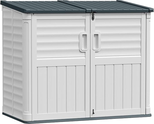 Greesum Outdoor Storage Shed 34 Cu Ft with Lockable Doors, Waterproof Outdoor Storage Cabinet for Trash Cans, Patio Cushions, Gardening Tools with Wood Grain Finish (Beige)