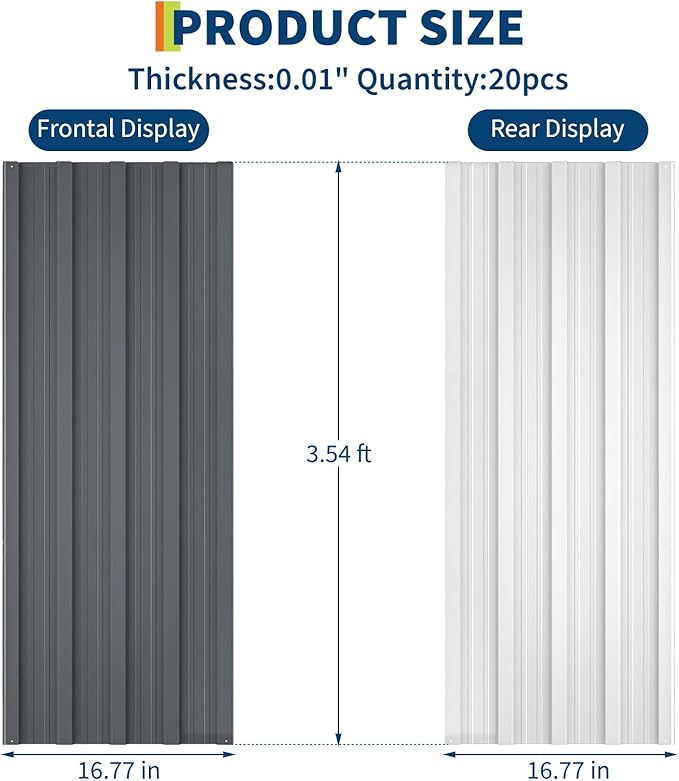 20Pcs Metal Roofing Panels for Carport, Heavy Duty Metal Carport Kits, Galvanized Steel Corrugated Panels, for Patio Outdoor Garden, 42.52 in x 16.77 in