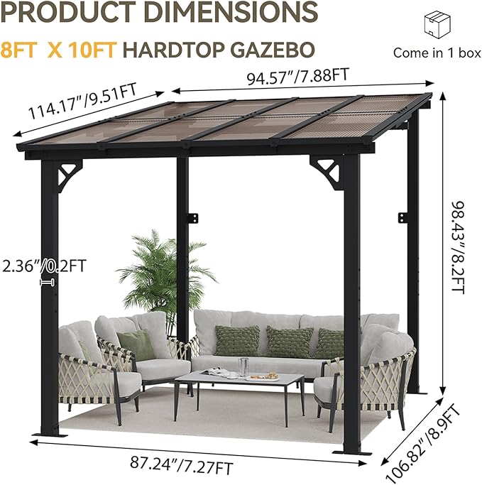 Aoxun 8’x10’ Gazebo, Wall Mounted Gazebos Pergola on Clearance, Outdoor Patio, Large Wall-Mounted Heavy Duty Awnings for Patio, Decks, Backyard (Black)