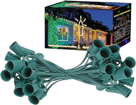 25FT C9 Light String Christmas Stringer, E17 C9 Light Sockets 12" Spacing, C9 Stringer Set Green Outdoor String Light Strand for Wedding Patio Event Lighting Decor, Green Wire