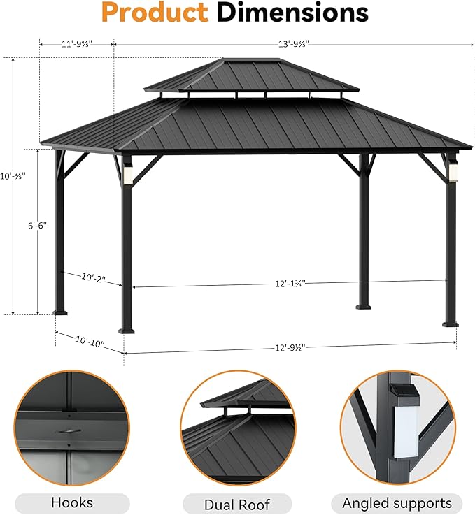 Modern Shade The Horizon Hardtop Gazebo 12' x 14' with 4 LED Lights, Permanent Outdoor Gazebo with Galvanized Steel Double Roof, Grill Pavilion with Decor Hooks, Mosquito Nettings, Black