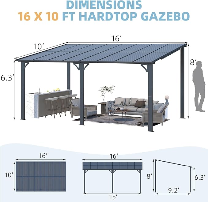 AECOJOY 16' x 10' Gazebo Outdoor Pergola for Patio, Large Wall-Mounted Hard Top 10x16 Lean to Metal Gazebo Shelter Pergolas and Gazebos Clearance with Patio Roof, Heavy Duty Awnings for Patio, Decks