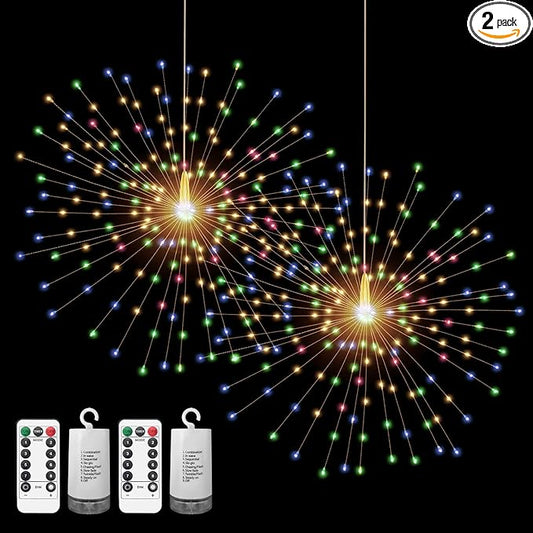 2 Pack Starburst Sphere Lights,200 LLED Firework Lights, 8 Modes Dimmable Remote Control Waterproof Hanging Fairy Light, Copper Wire Light for Patio Parties Christmas (Colorful)