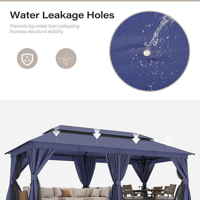 LAUSAINT HOME Semi-Permanent Patio Gazebo 10'x20' with Expansion Bolts, Outdoor Heavy Duty Party Shelter with Double Roofs, Nettings and Privacy Screens for Backyard, Garden, Lawn, Navy Blue