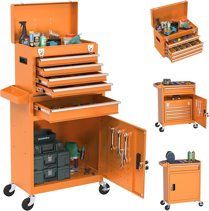 Rolling Tool Box with Wheels, 5-Drawer High Capacity Tool Chest with Wheels, Removable Storage Toolbox with Lock for Garage, Workshop (Orange)