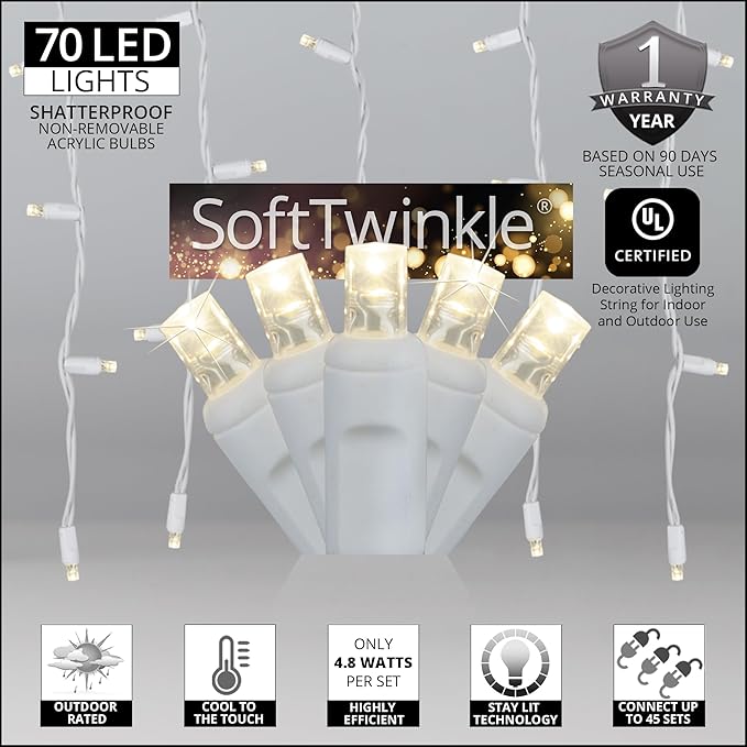 Wintergreen Lighting SoftTwinkle 70 LED Warm White Icicle Christmas Lights, 7.5 ft White Wire Indoor/Outdoor Commercial Grade Slow Twinkling Holiday & Wedding Decorations