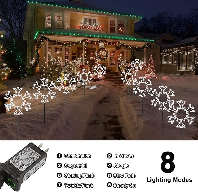 Snowflakes Christmas Pathway Lights Outdoor, 10 Large Snowflakes Christmas Decorations Outdoor Yard, Pathway Marker Stake Lights for Patio Ground Path Sidewalk Walkway Driveway