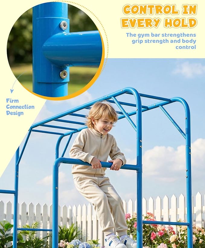 Outdoor Monkey Bar Set with Climbing Frame, Gymnastics bars, Playground Sets for Backyards, Metal Monkey Bars for Kids Ages 3 and Up, Backyard Playground Set with Powder Coated Steel, Blue