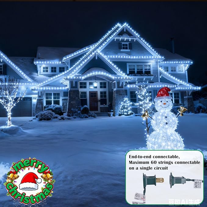 C9 LED Outdoor Christmas Lights,C9 String Lights with Quick Clips,for Xmas House Roof Gutter,Plug in & Connectable,66FT 100 Light,Cold White Faceted