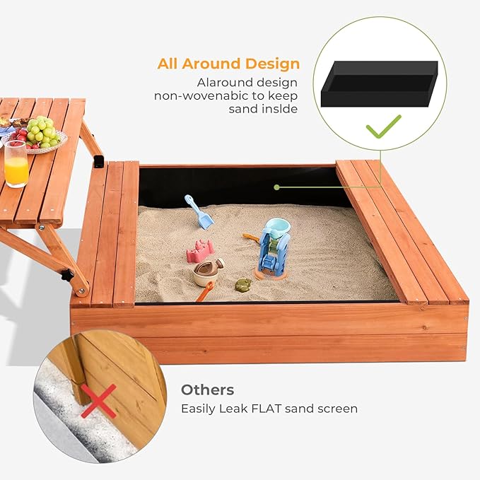 Kids Outdoor Wooden Sandbox Large Kids Sand Box with Lid Sand Box with Cover Gift for Ages 2-8 Foldable Picnic Table and Seat Bottom Liner Included