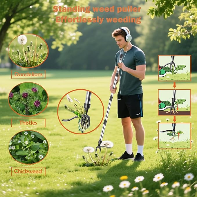 Manual Weed pullerTool,Heavy Duty 12''Flat Shovel, 14''Steel Metal Thatch Rake with Adjustable Long Handle for Leaf & Moss & Edging & Ice & Snow Removal in Lawn,Driveways, Patios, Garden Cracks