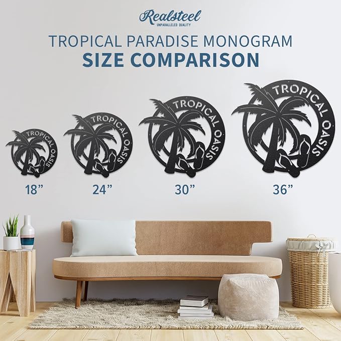 RealSteel - Tropical Oasis Monogram - Custom Wall Art for Beachfront Properties or Vacation Rentals - Great for Backyards, Pools and Patios - Summer Fun, Palm Trees and Sandals (30", Black)