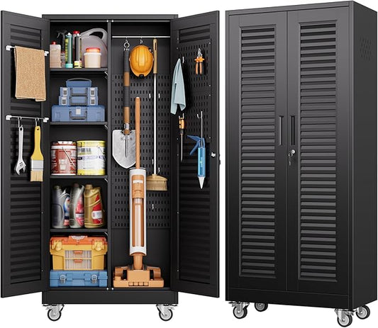 Aobabo Metal Broom Closet Storage Cabinets,Steel Mop and Broom Cabinet with Adjustable Shelves,Lock,Pegboards and Wheels,Assembly Required,Black