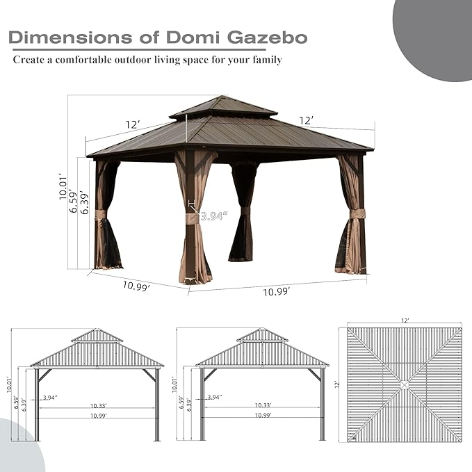 Domi 12' x 12' Hardtop Gazebo Permanent Metal Gazebo with Galvanized Steel Double Roof, Curtains and Netting for Party, Wedding, Outdoor Dining, Patio, Backyard, Brown