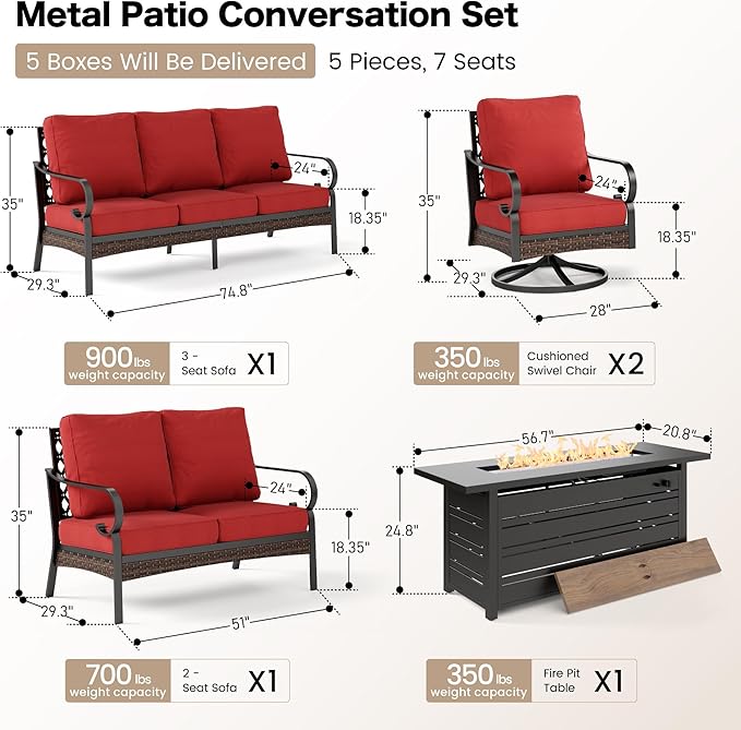 5 Piece Metal Outdoor Patio Furniture Sets with Firepit Table, Patio Conversation Sets 1 3-Seater Sofa, 1 Loveseat, 2 Swivel Chair with 5.75" Cushion for Backyard Deck, Rust Red