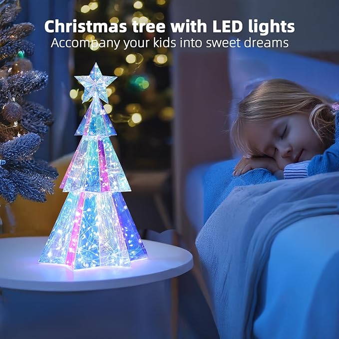 Holographic Christmas Tree, 15 Inch Desktop Decoration Tree with LED Lights, Prismatic Iridescent Christmas Tree Gift for Kids Girls Families Office Indoor Decorations
