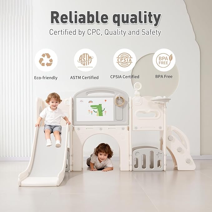 Outdoor Toddler Playset with Slide Set,Indoor Playground for Toddlers 1-3, Climber Play Set with Telescope Basketball Hoop,Tunnel Playhouse and Jungle Gym