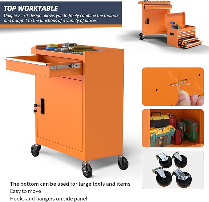 5-Drawer High Capacity Rolling Tool Box, Removable Cabinet Storage Tool Chest with Wheels and Drawers, Detachable Toolbox with Lock for Mechanics Garage Workshop and Tool Room (Orange)