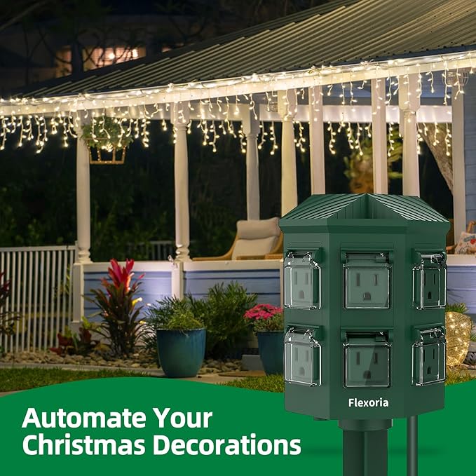Outdoor Power Stake Timer, Remote Control Dusk to Dawn Light Timer, 6FT Extension Cord Waterproof, 6 Grounded Outlets for Outdoor Christmas Decorations, ETL Listed (6 FT)