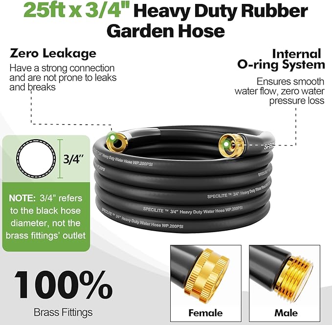 SPECILITE 3/4 Garden Hose 25 ft with High Flow Nozzle, Heavy Duty Flexible Hybrid Rubber Water Hose for Outdoor, Lightweight, Leak-Proof, No-Kink, 3/4Brass Fittings,Black