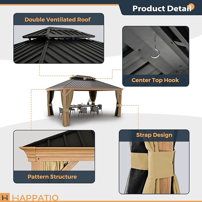 HAPPATIO 12' x 16' Hardtop Gazebo, Outdoor Wood Grain Frame Aluminum Gazebo, Double Roof Permanent Patio Canopy with Netting and Curtains for Garden, Patio, Lawns, Parties (Beige)