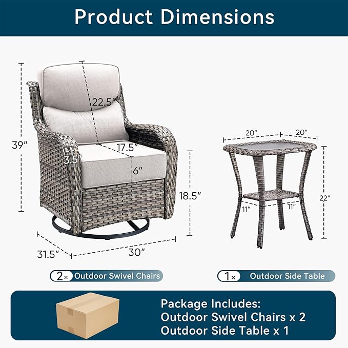 Luxury High Back Outdoor Swivel Rocker Patio Chairs with Side Table & 6-Inch Thick Cushions, 3 Pieces Patio Furniture Set for Porch, Balcony, Deck and Yard