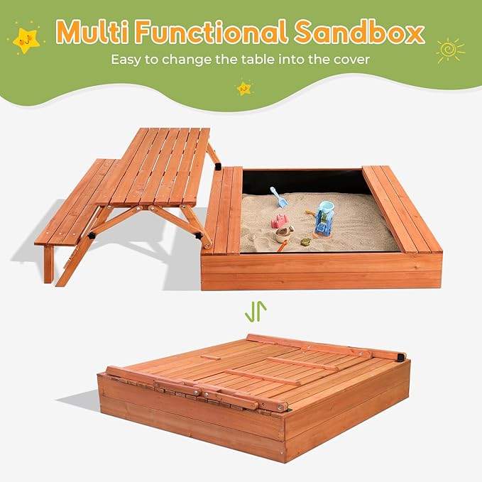 Kids Outdoor Wooden Sandbox Large Kids Sand Box with Lid Sand Box with Cover Gift for Ages 2-8 Foldable Picnic Table and Seat Bottom Liner Included