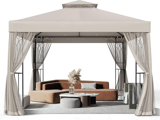 10x10 Outdoor Gazebo Tent with Netting and Corner Shelves, Double Roof Patio Gazebo with Soft Fabric Top, Outdoor Pavilion for Backyard Patio Garden Lawn, Beige
