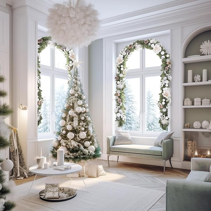 WBHome Pre-lit 6 Feet/72 Inch Christmas Garland, White & Silver Lighted Garland with 35 LED Lights for Indoor Outdoor Xmas Decor Holiday Decorations, Battery Operated (Batteries NOT Included)